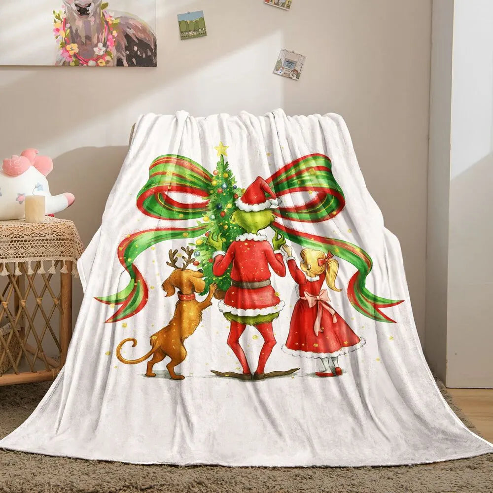 Festive Grinch Christmas Tree Decorating White Pattern Multipurpose Throw Blanket