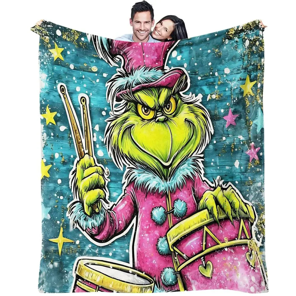 Festive Grinch Drummer Graffiti Art Blue Pattern Multipurpose Throw Blanket