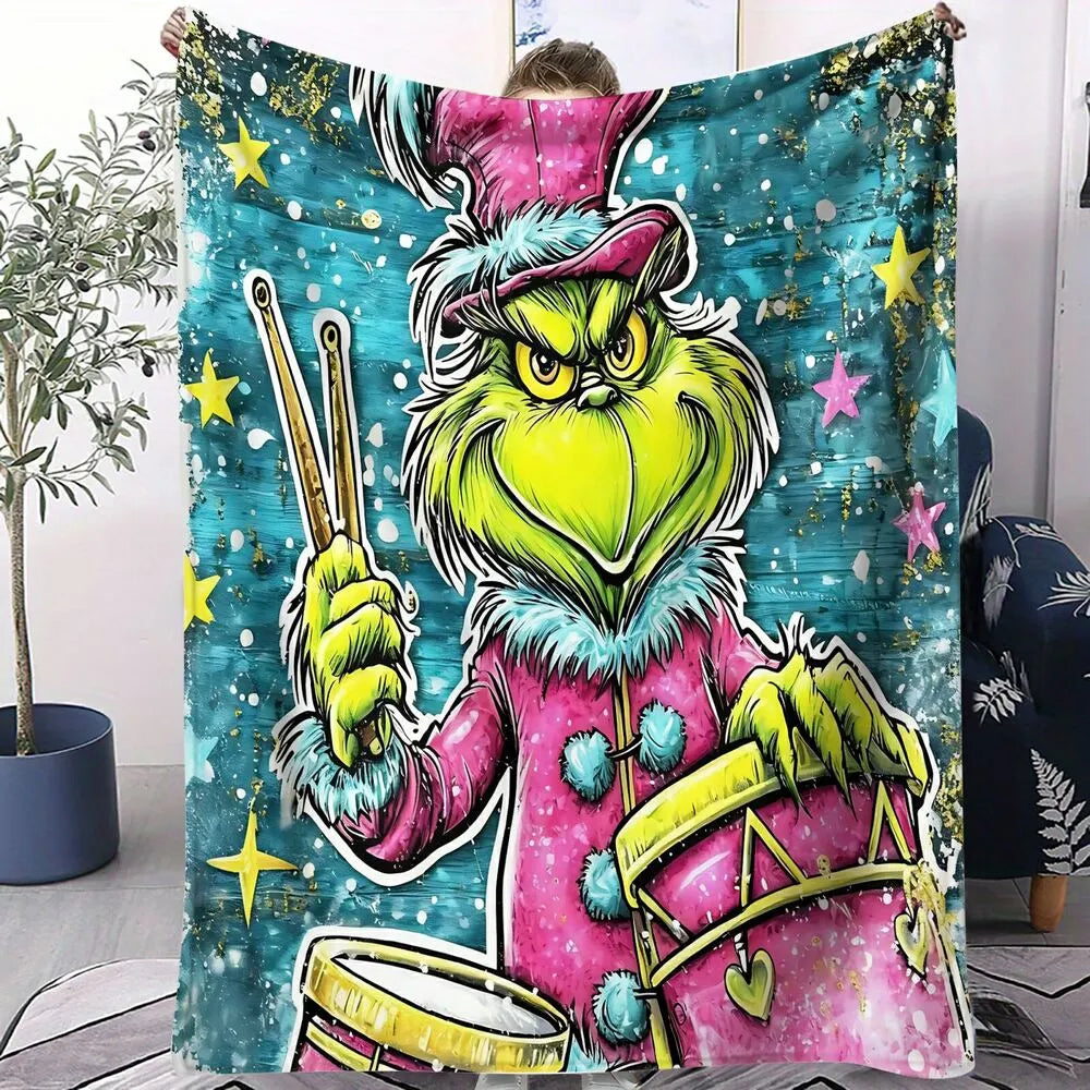 Festive Grinch Drummer Graffiti Art Blue Pattern Multipurpose Throw Blanket