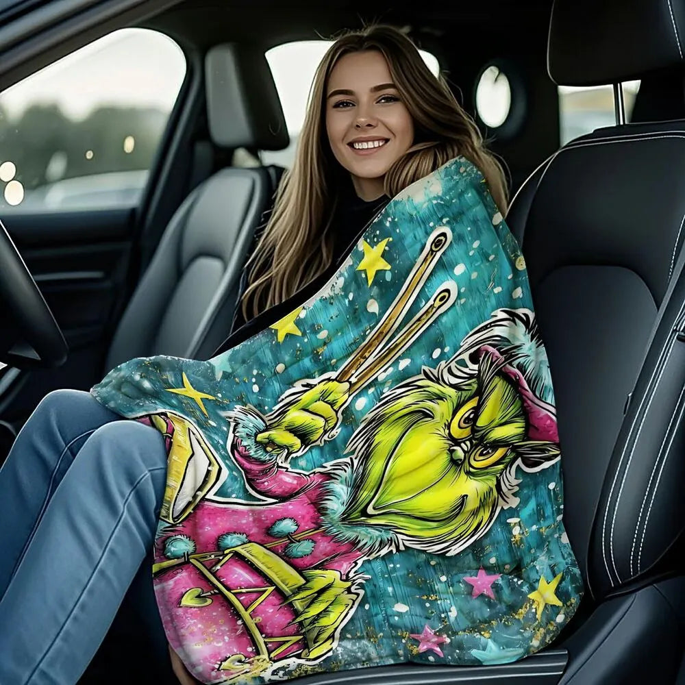 Festive Grinch Drummer Graffiti Art Blue Pattern Multipurpose Throw Blanket