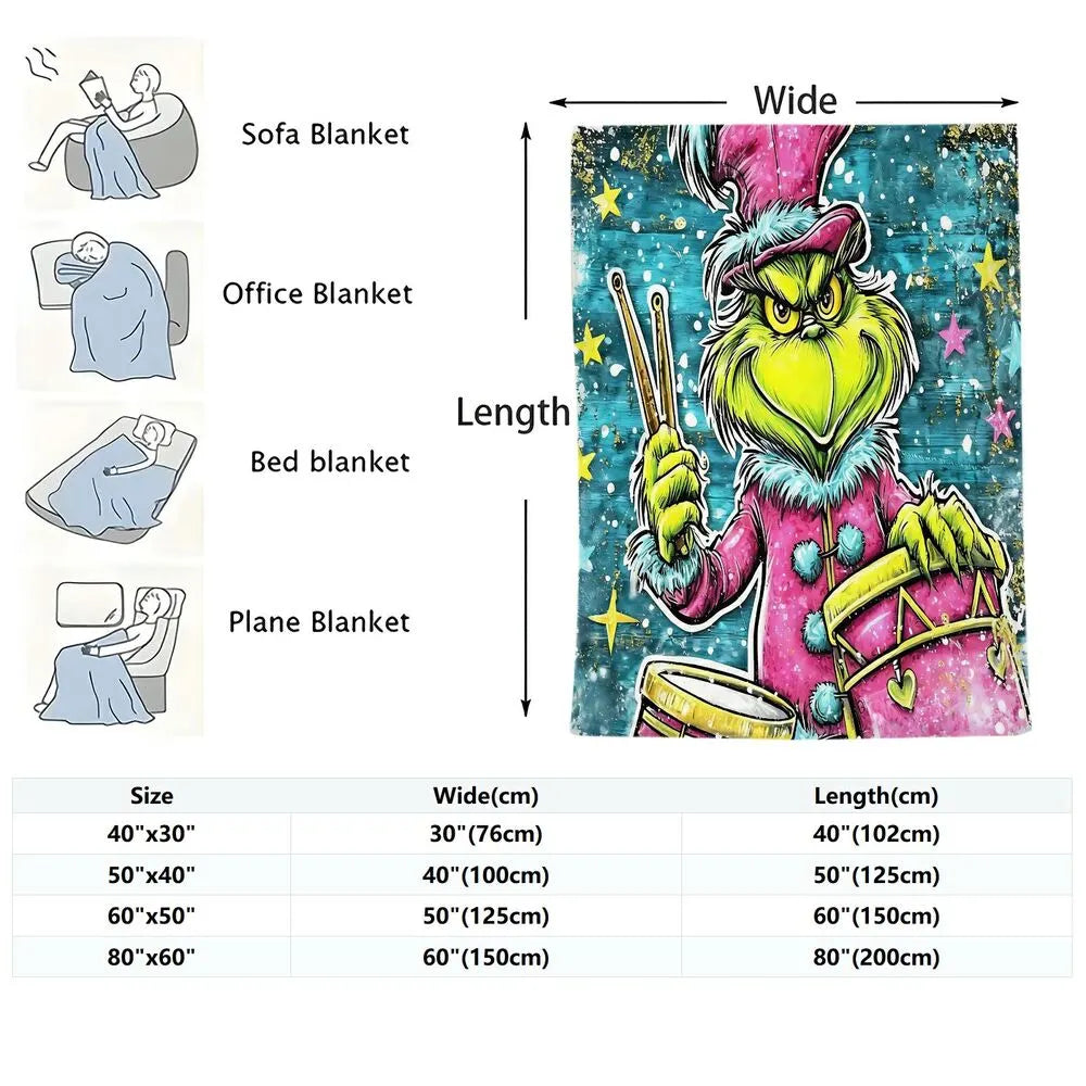 Festive Grinch Drummer Graffiti Art Blue Pattern Multipurpose Throw Blanket