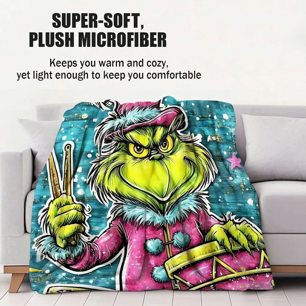 Festive Grinch Drummer Graffiti Art Blue Pattern Multipurpose Throw Blanket