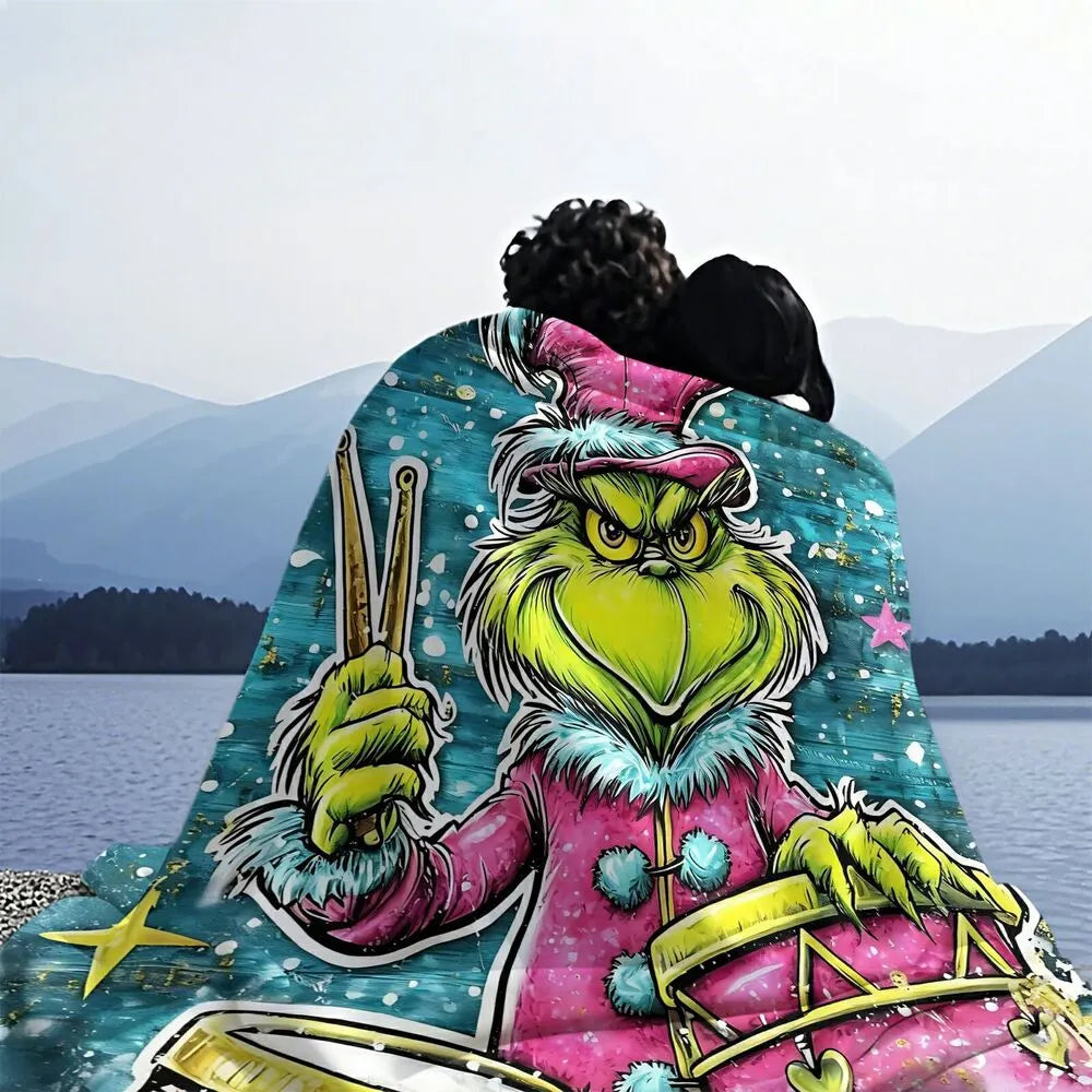 Festive Grinch Drummer Graffiti Art Blue Pattern Multipurpose Throw Blanket