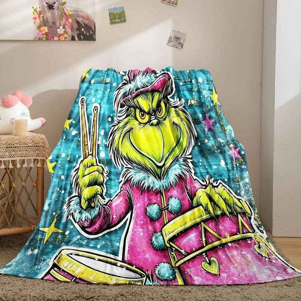 Festive Grinch Drummer Graffiti Art Blue Pattern Multipurpose Throw Blanket