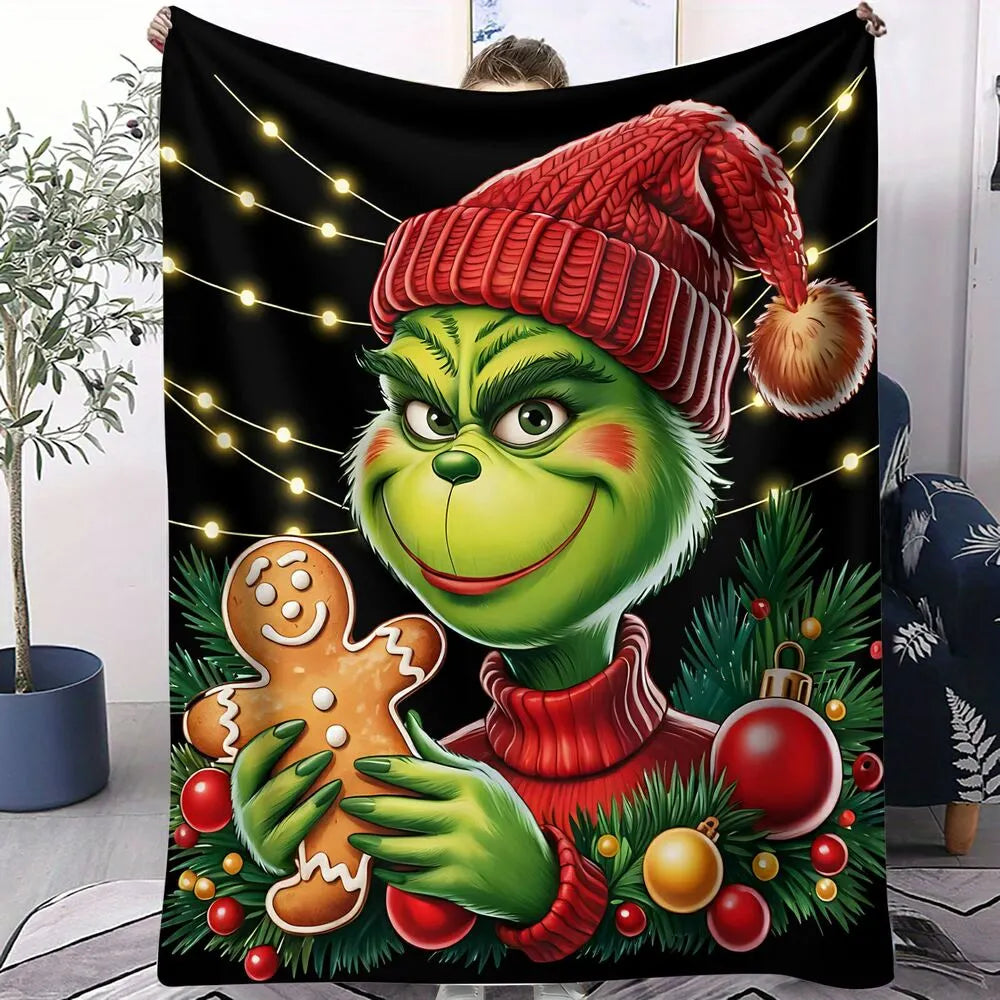 Festive Grinch Gingerbread Cookie Christmas Black Pattern Multipurpose Throw Blanket