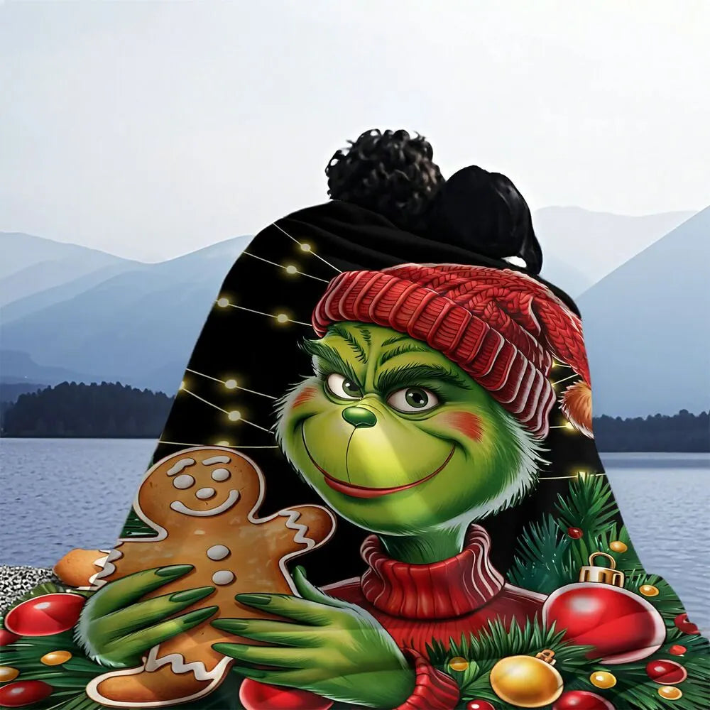 Festive Grinch Gingerbread Cookie Christmas Black Pattern Multipurpose Throw Blanket