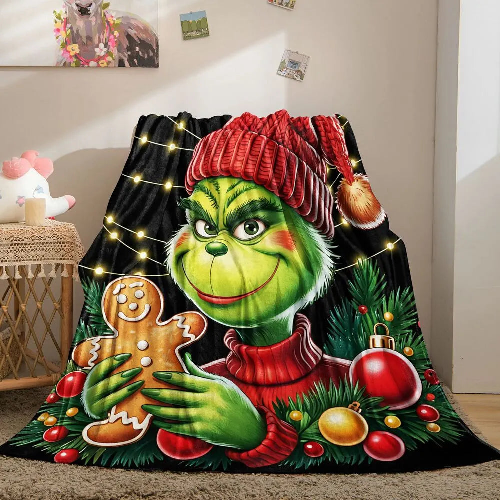 Festive Grinch Gingerbread Cookie Christmas Black Pattern Multipurpose Throw Blanket