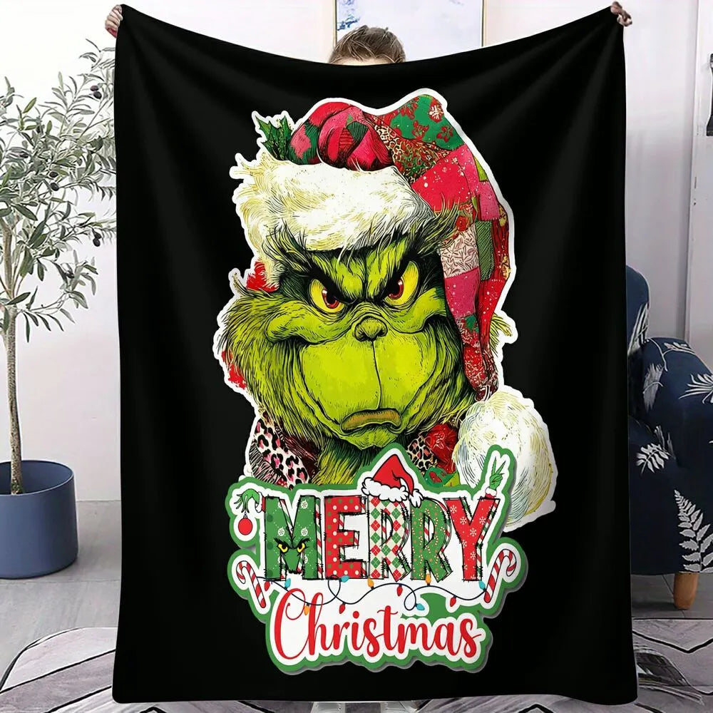 Festive Grinch Merry Christmas Black Pattern Multipurpose Throw Blanket