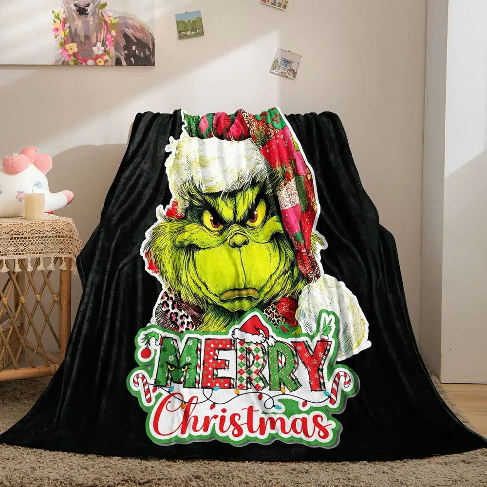 Festive Grinch Merry Christmas Black Pattern Multipurpose Throw Blanket