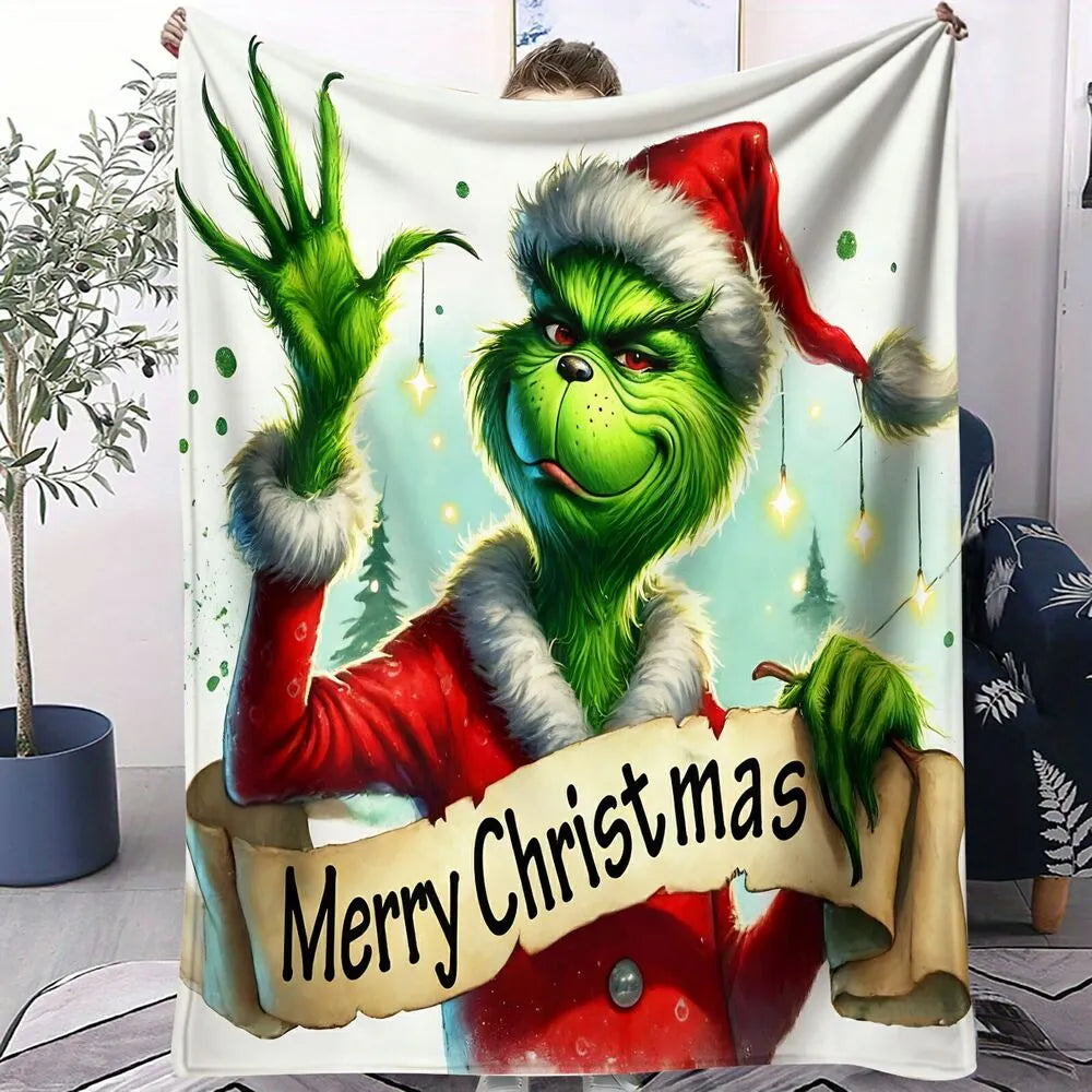 Festive Grinch Merry Christmas White Pattern Multipurpose Throw Blanket