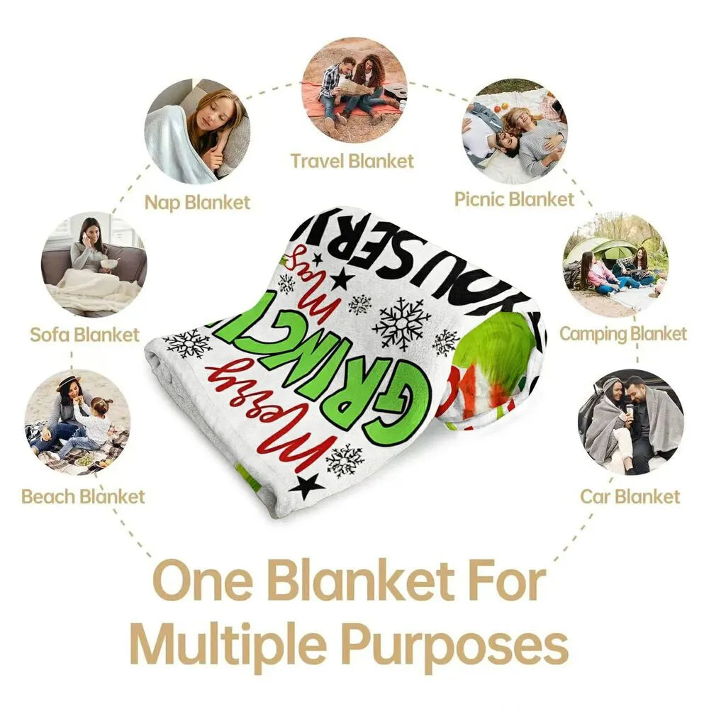 Festive Grinch Quote Collage White Pattern Multipurpose Throw Blanket