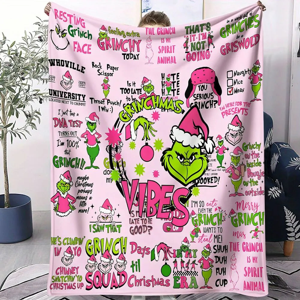 Festive Grinch Vibes Pink Collage Pattern Multipurpose Throw Blanket