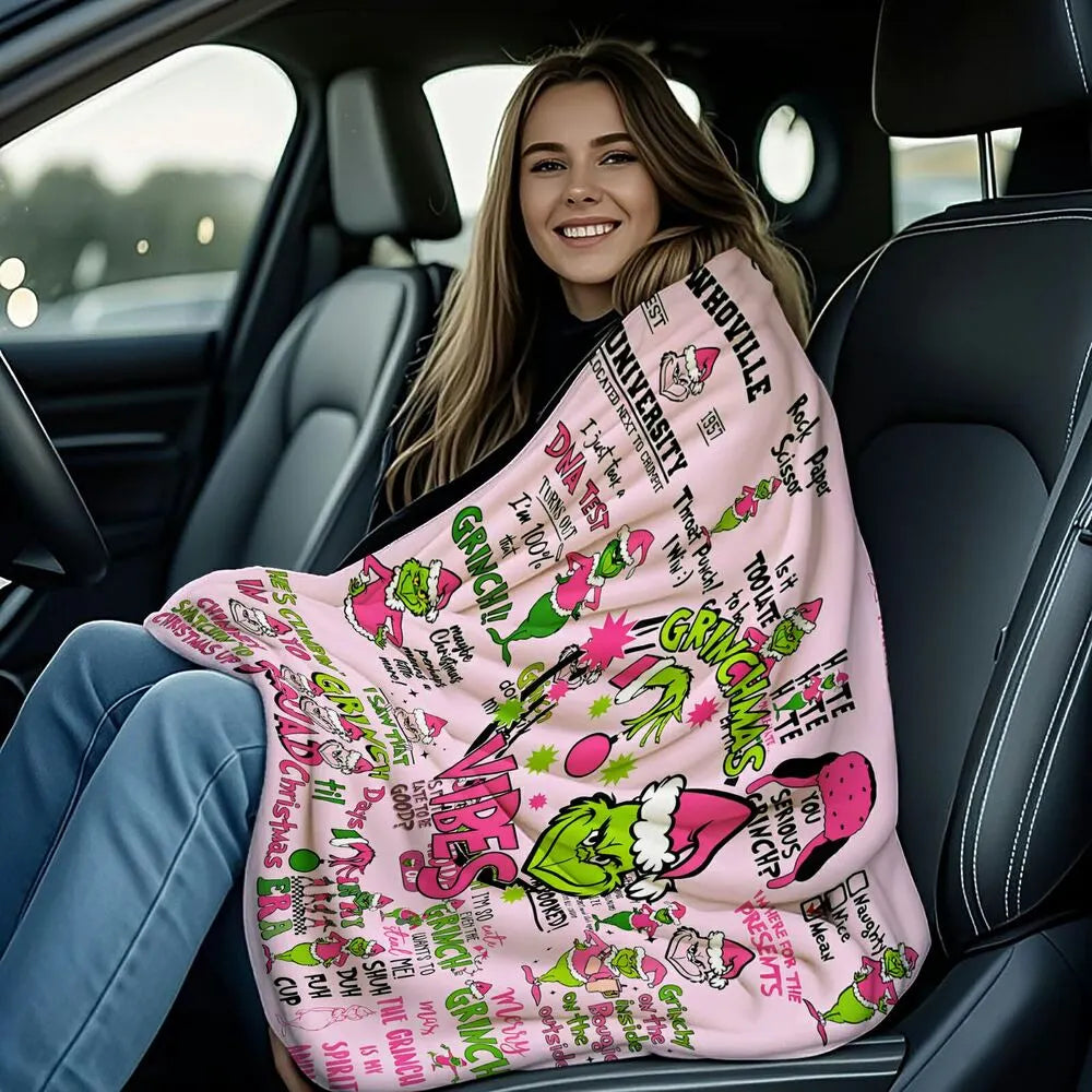 Festive Grinch Vibes Pink Collage Pattern Multipurpose Throw Blanket