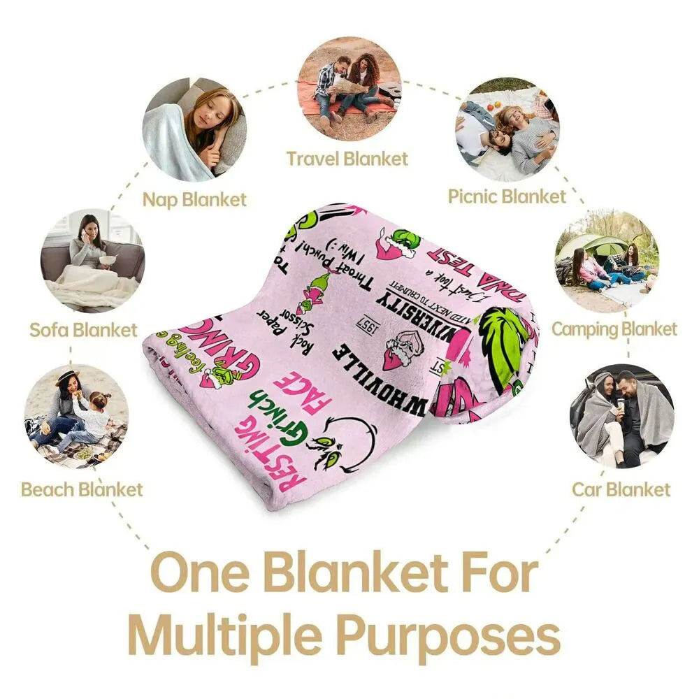Festive Grinch Vibes Pink Collage Pattern Multipurpose Throw Blanket