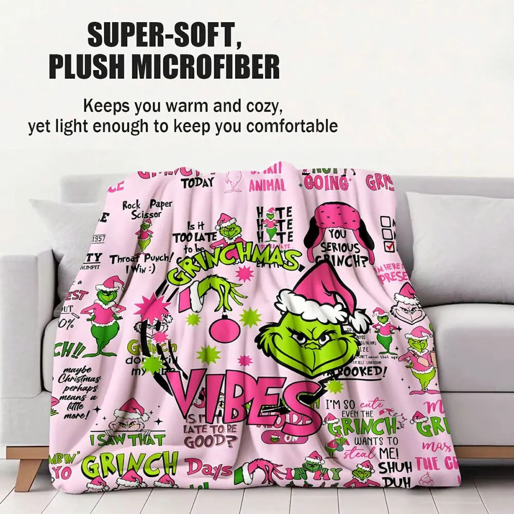 Festive Grinch Vibes Pink Collage Pattern Multipurpose Throw Blanket