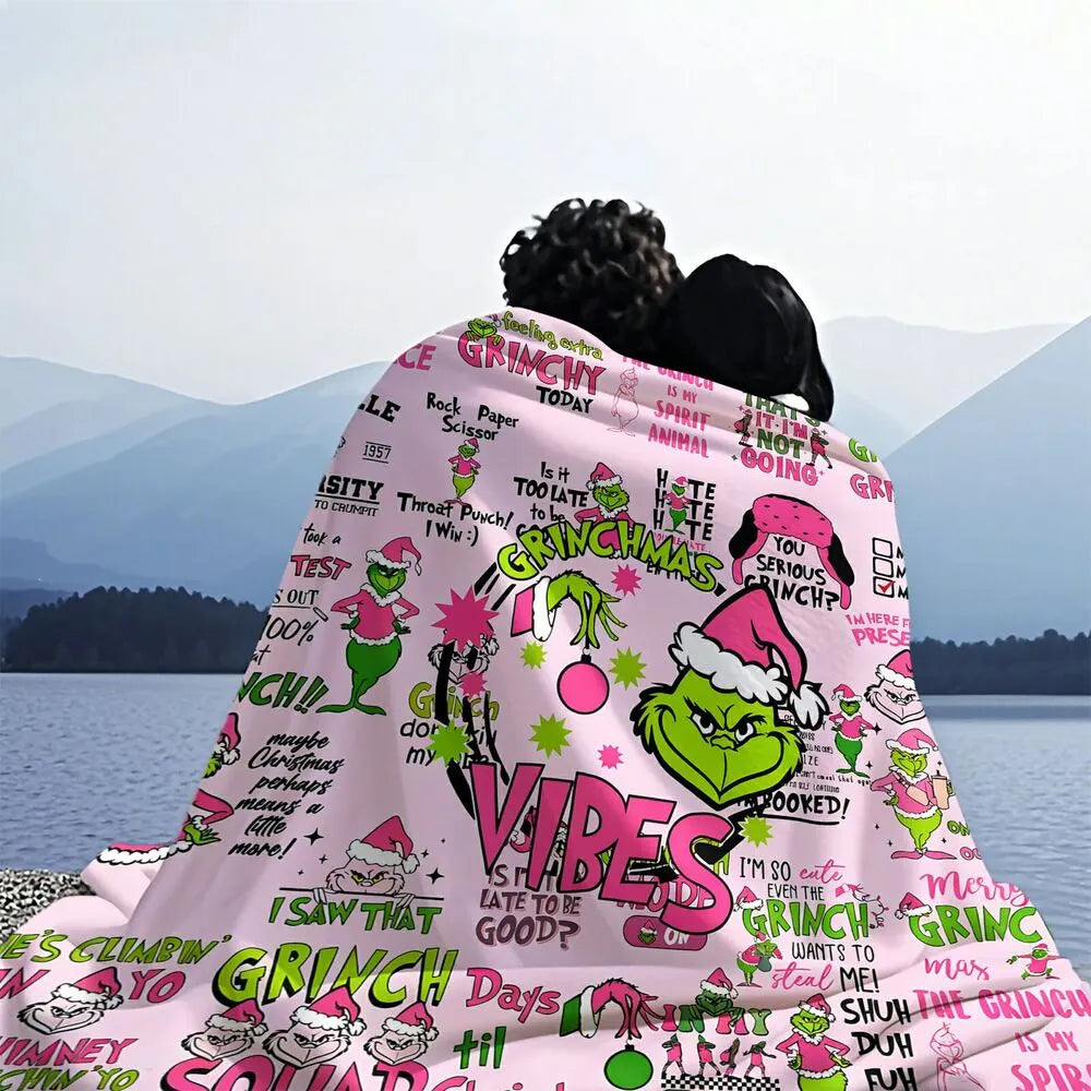 Festive Grinch Vibes Pink Collage Pattern Multipurpose Throw Blanket