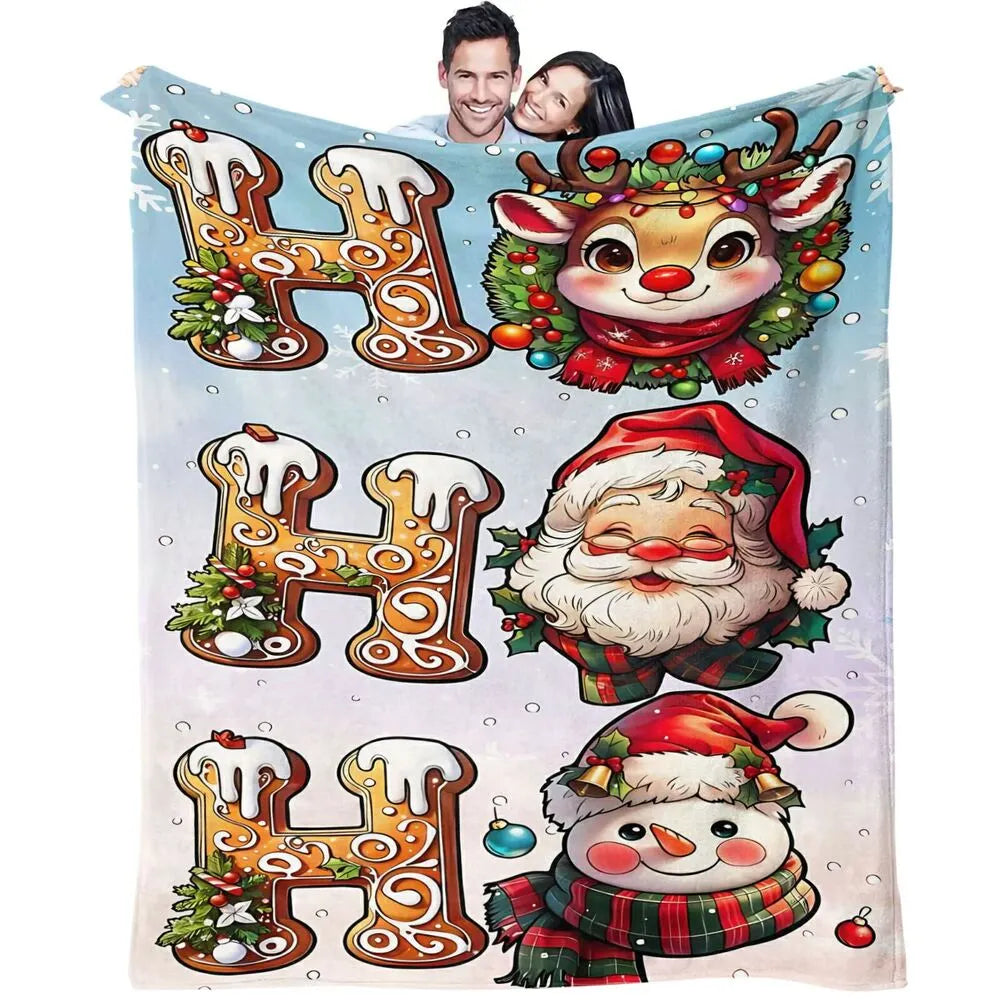 Festive HO HO HO Christmas Characters Light Blue Pattern Multipurpose Throw Blanket