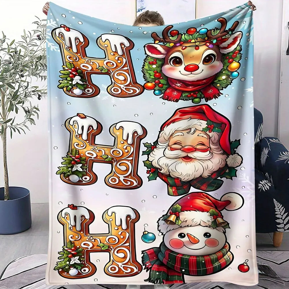 Festive HO HO HO Christmas Characters Light Blue Pattern Multipurpose Throw Blanket