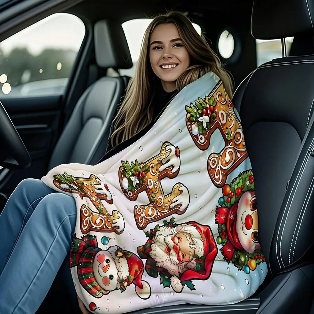 Festive HO HO HO Christmas Characters Light Blue Pattern Multipurpose Throw Blanket