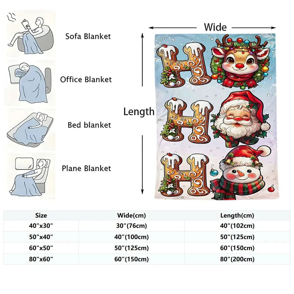 Festive HO HO HO Christmas Characters Light Blue Pattern Multipurpose Throw Blanket