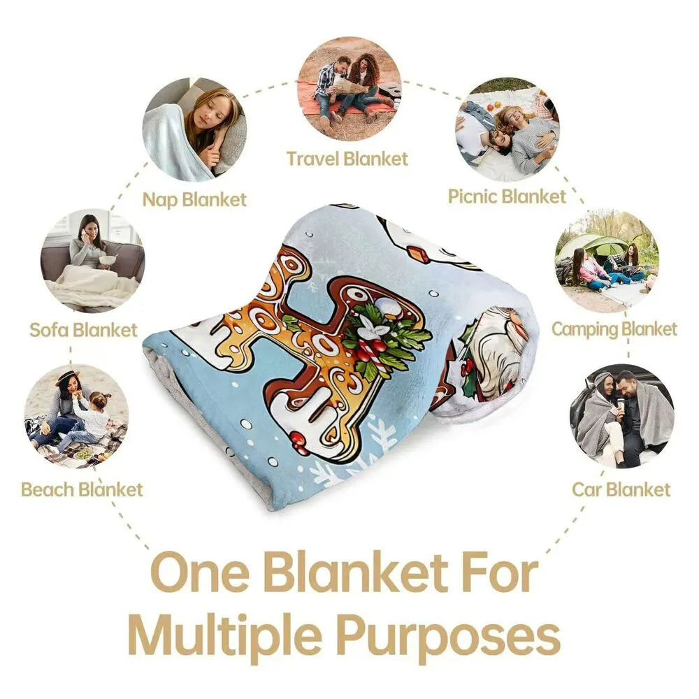 Festive HO HO HO Christmas Characters Light Blue Pattern Multipurpose Throw Blanket