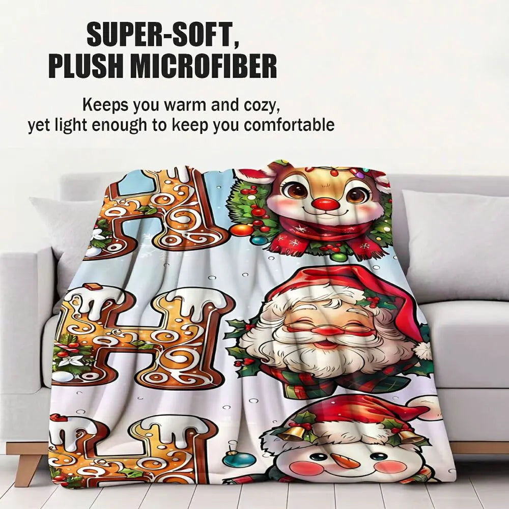 Festive HO HO HO Christmas Characters Light Blue Pattern Multipurpose Throw Blanket