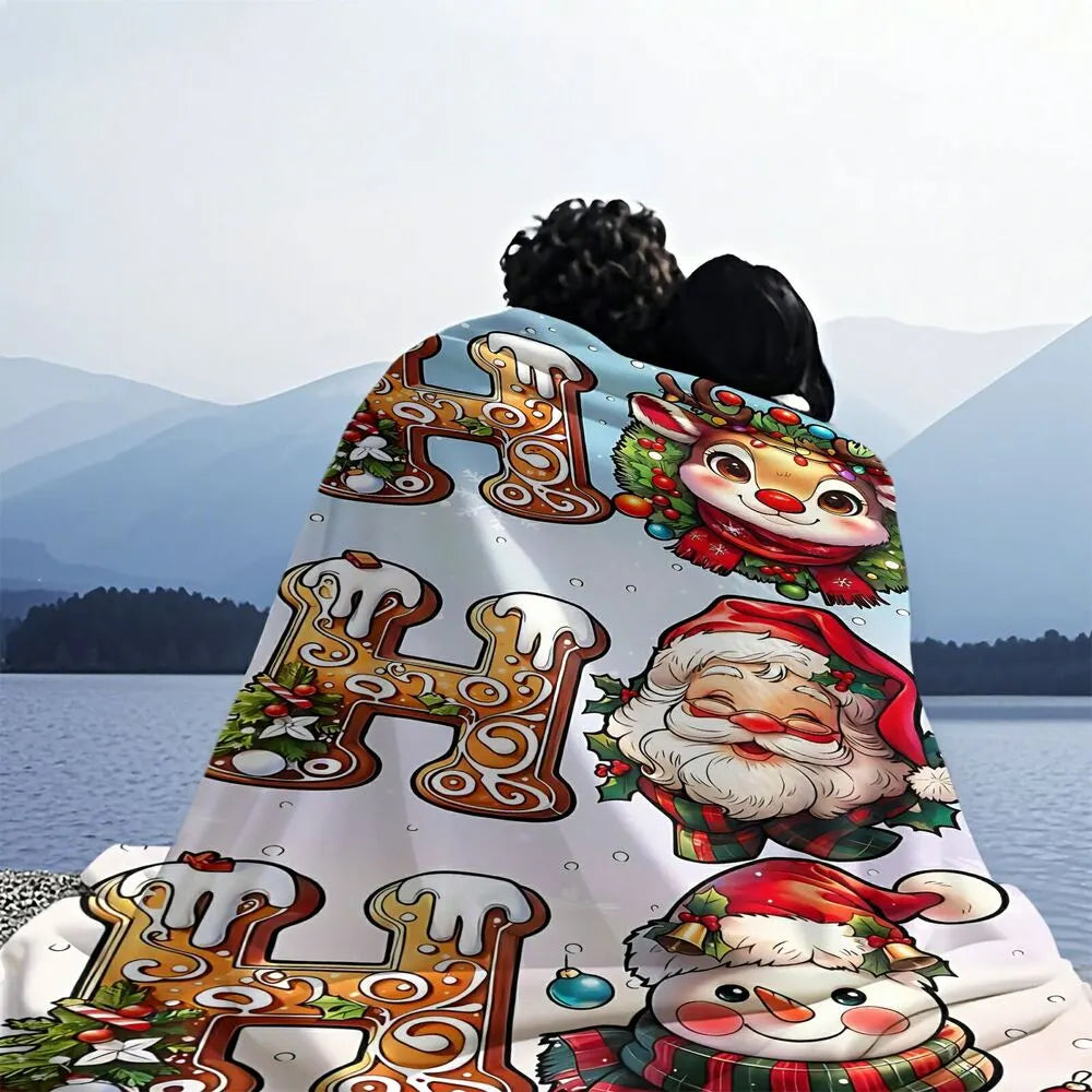 Festive HO HO HO Christmas Characters Light Blue Pattern Multipurpose Throw Blanket