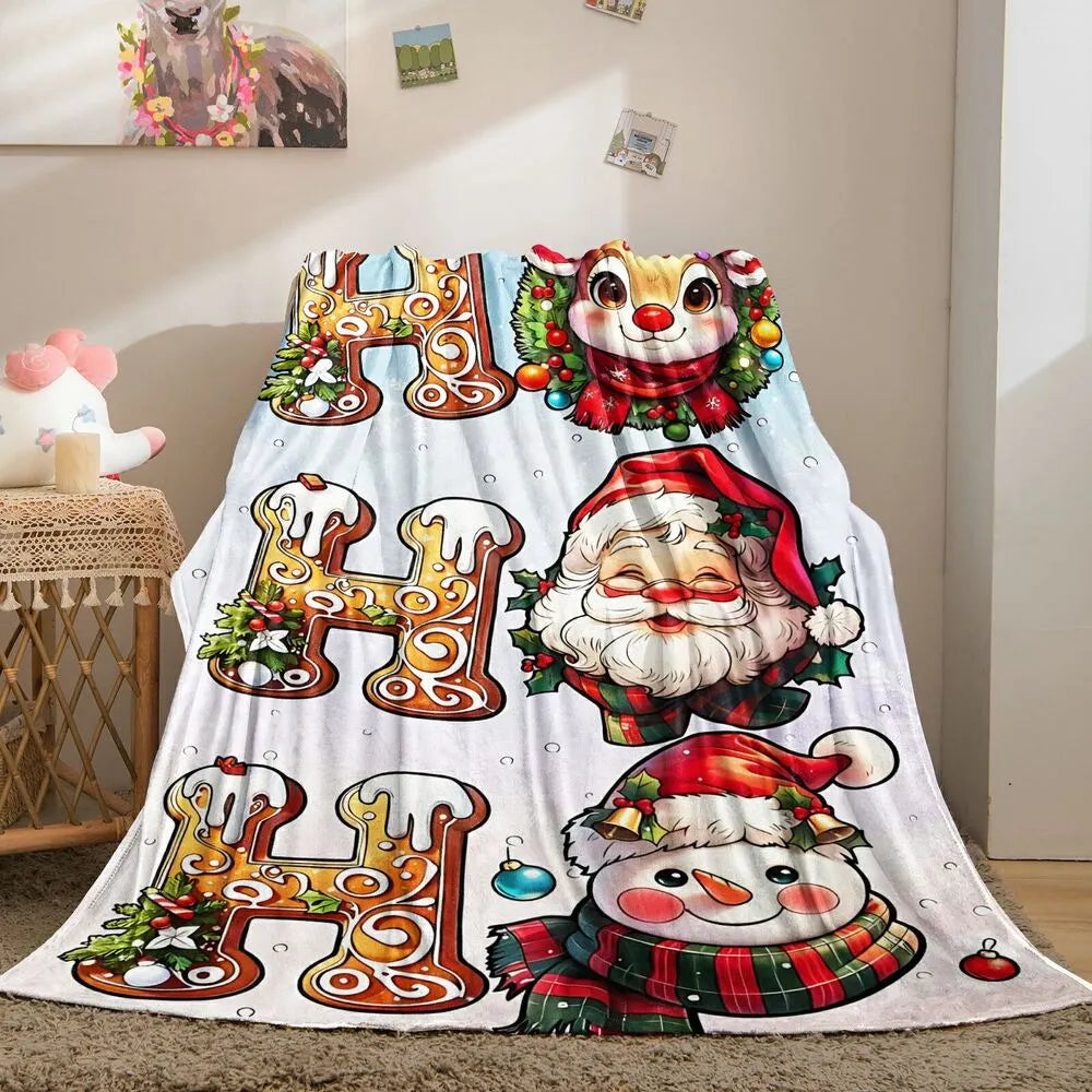 Festive HO HO HO Christmas Characters Light Blue Pattern Multipurpose Throw Blanket