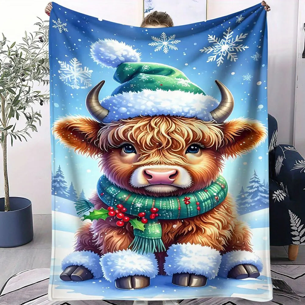 Festive Highland Cow Christmas Winter Scene Blue Pattern Multipurpose Throw Blanket