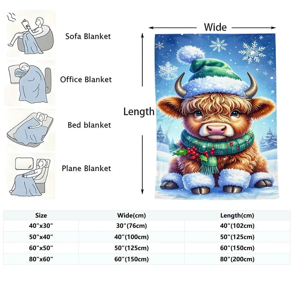 Festive Highland Cow Christmas Winter Scene Blue Pattern Multipurpose Throw Blanket