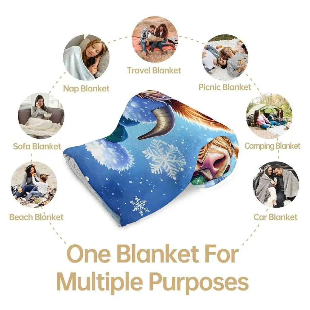 Festive Highland Cow Christmas Winter Scene Blue Pattern Multipurpose Throw Blanket
