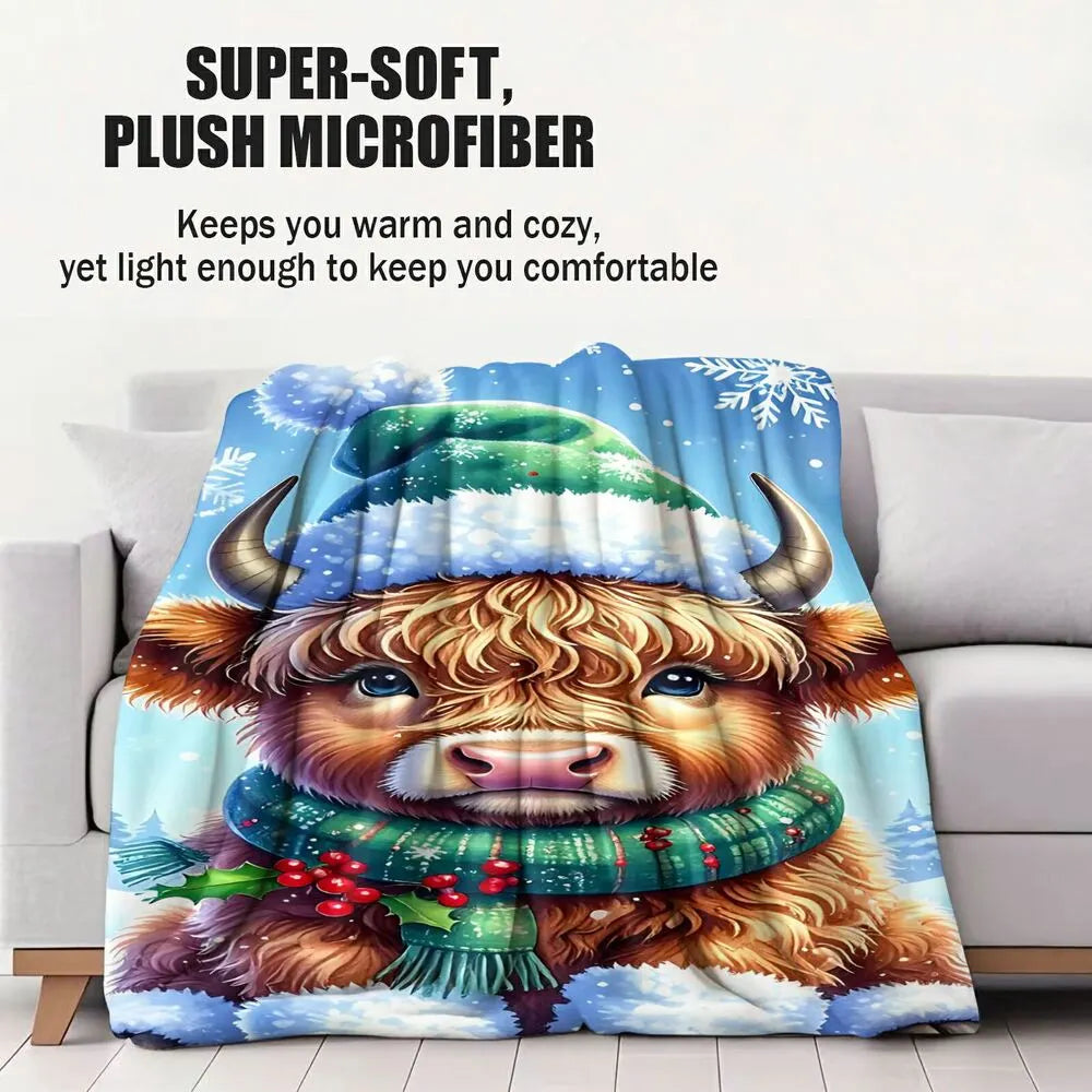 Festive Highland Cow Christmas Winter Scene Blue Pattern Multipurpose Throw Blanket
