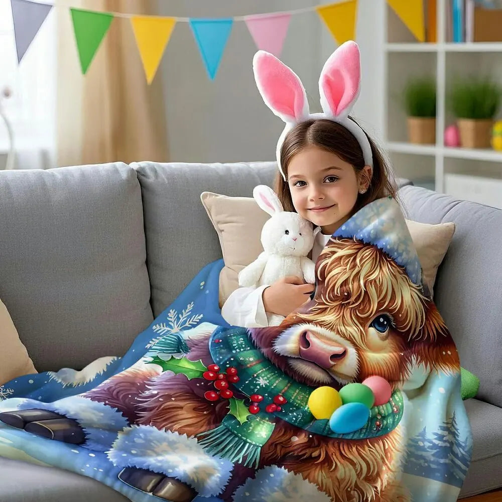 Festive Highland Cow Christmas Winter Scene Blue Pattern Multipurpose Throw Blanket