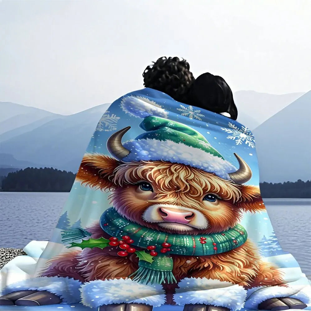 Festive Highland Cow Christmas Winter Scene Blue Pattern Multipurpose Throw Blanket