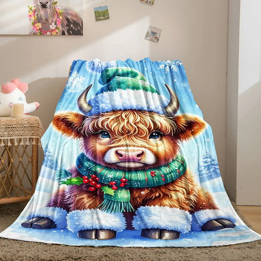 Festive Highland Cow Christmas Winter Scene Blue Pattern Multipurpose Throw Blanket