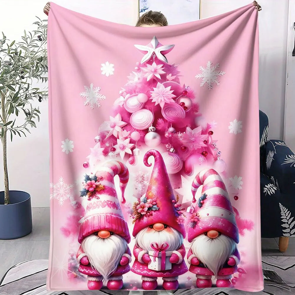 Festive Pink Christmas Gnomes Pattern Multipurpose Throw Blanket