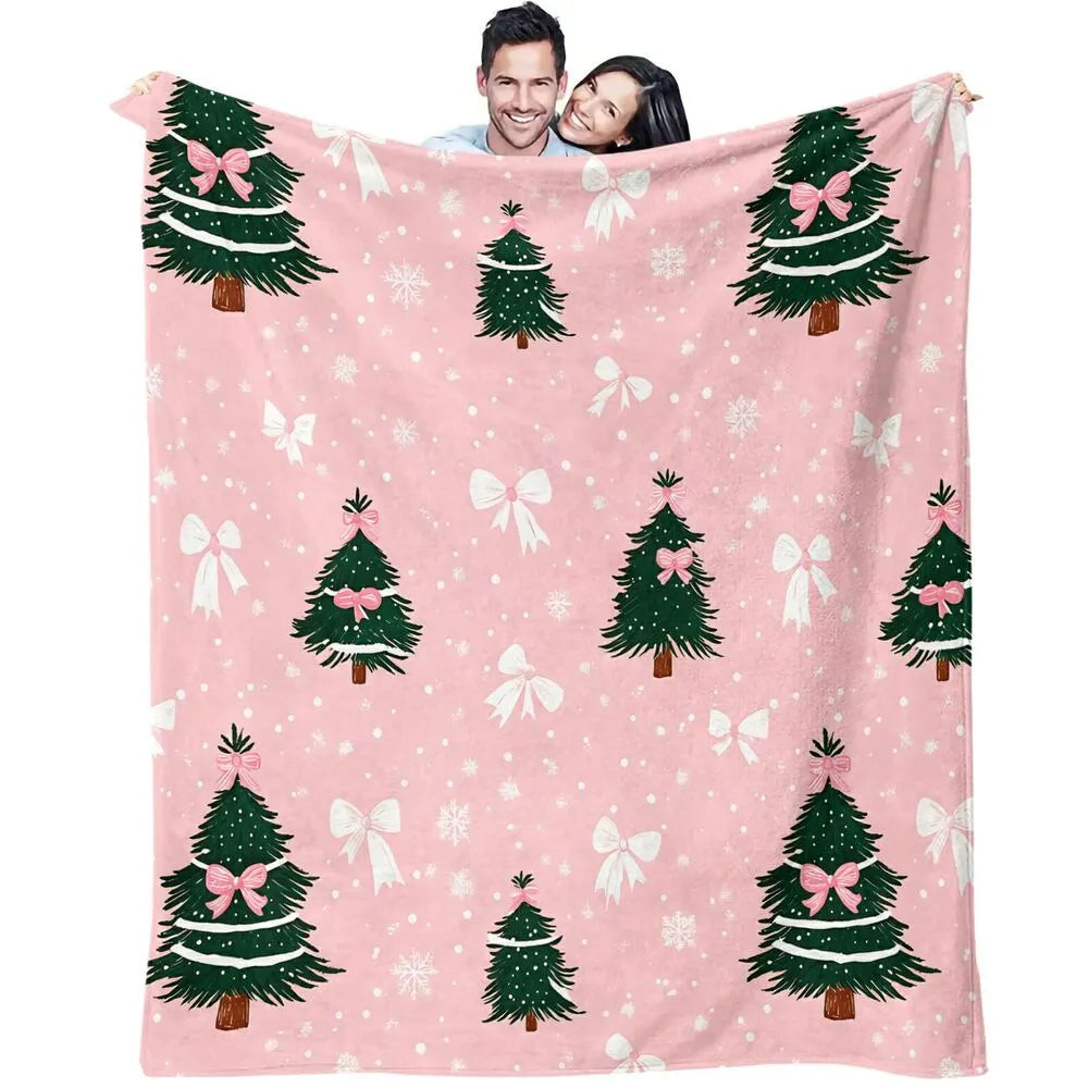 Festive Pink Christmas Trees With Bows Pattern Multipurpose Throw Blanket