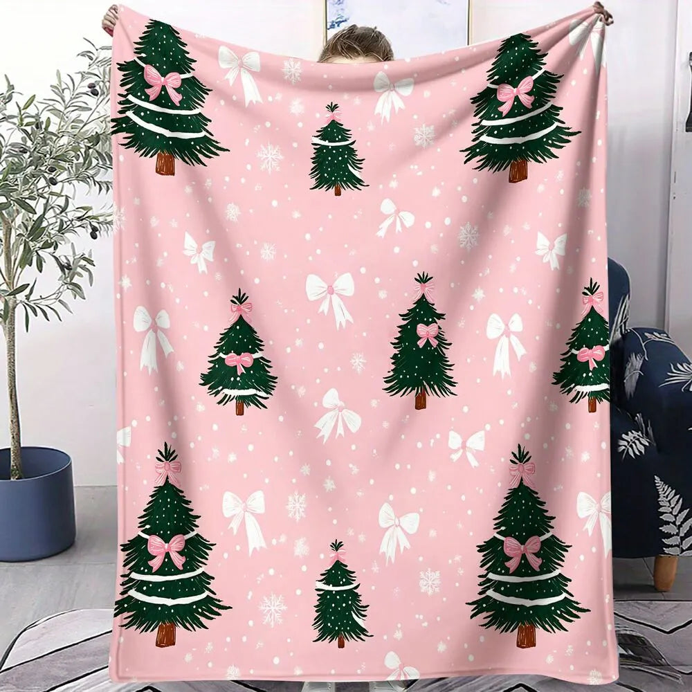 Festive Pink Christmas Trees With Bows Pattern Multipurpose Throw Blanket