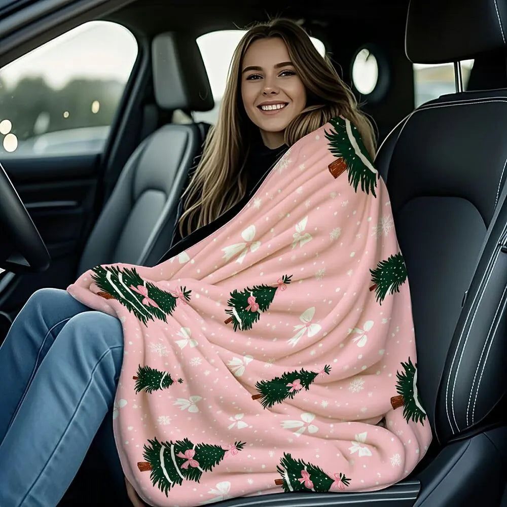 Festive Pink Christmas Trees With Bows Pattern Multipurpose Throw Blanket
