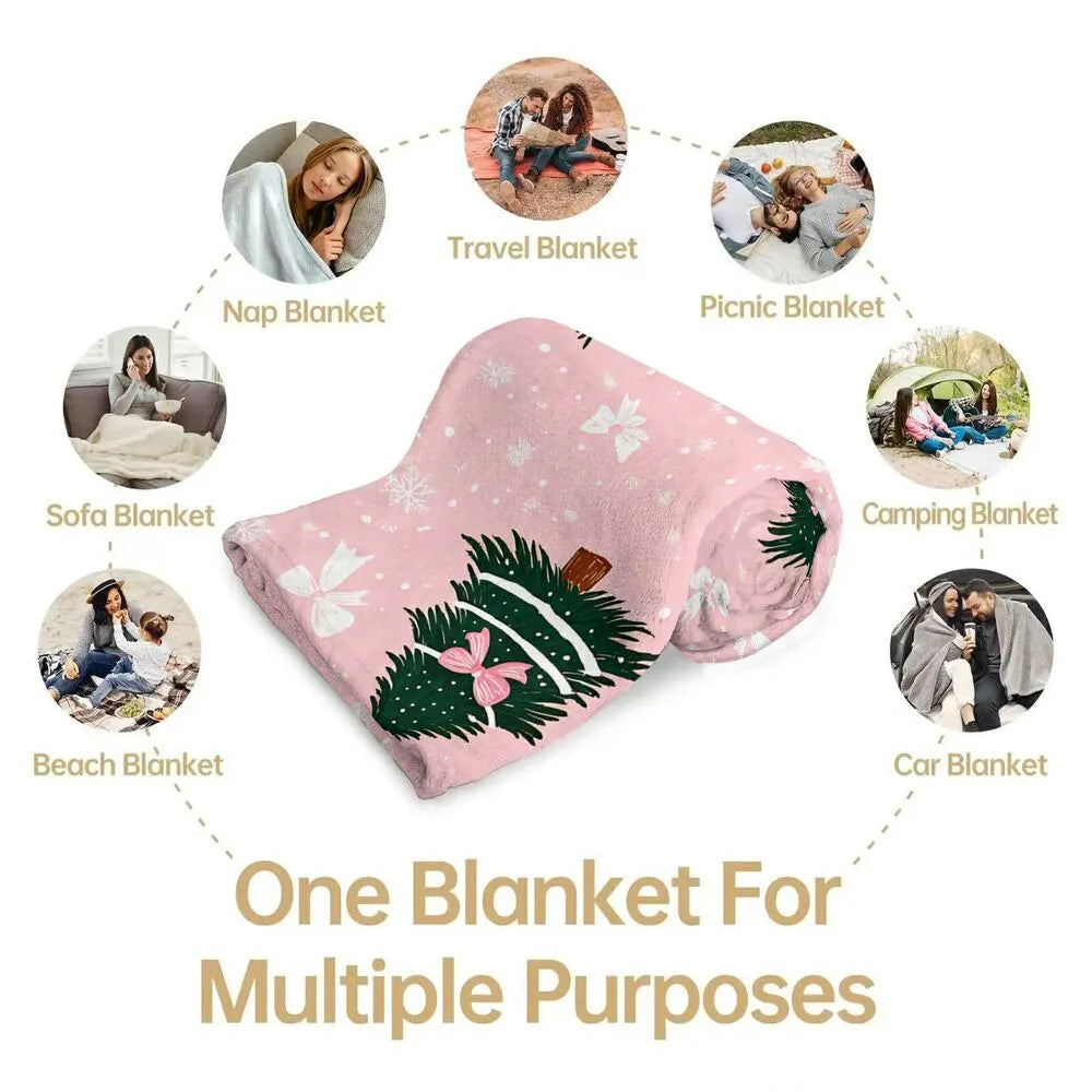 Festive Pink Christmas Trees With Bows Pattern Multipurpose Throw Blanket