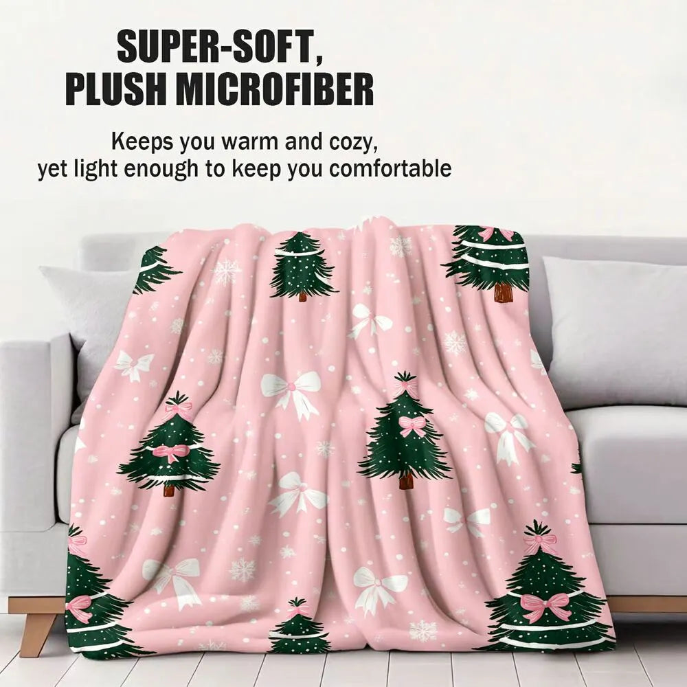 Festive Pink Christmas Trees With Bows Pattern Multipurpose Throw Blanket
