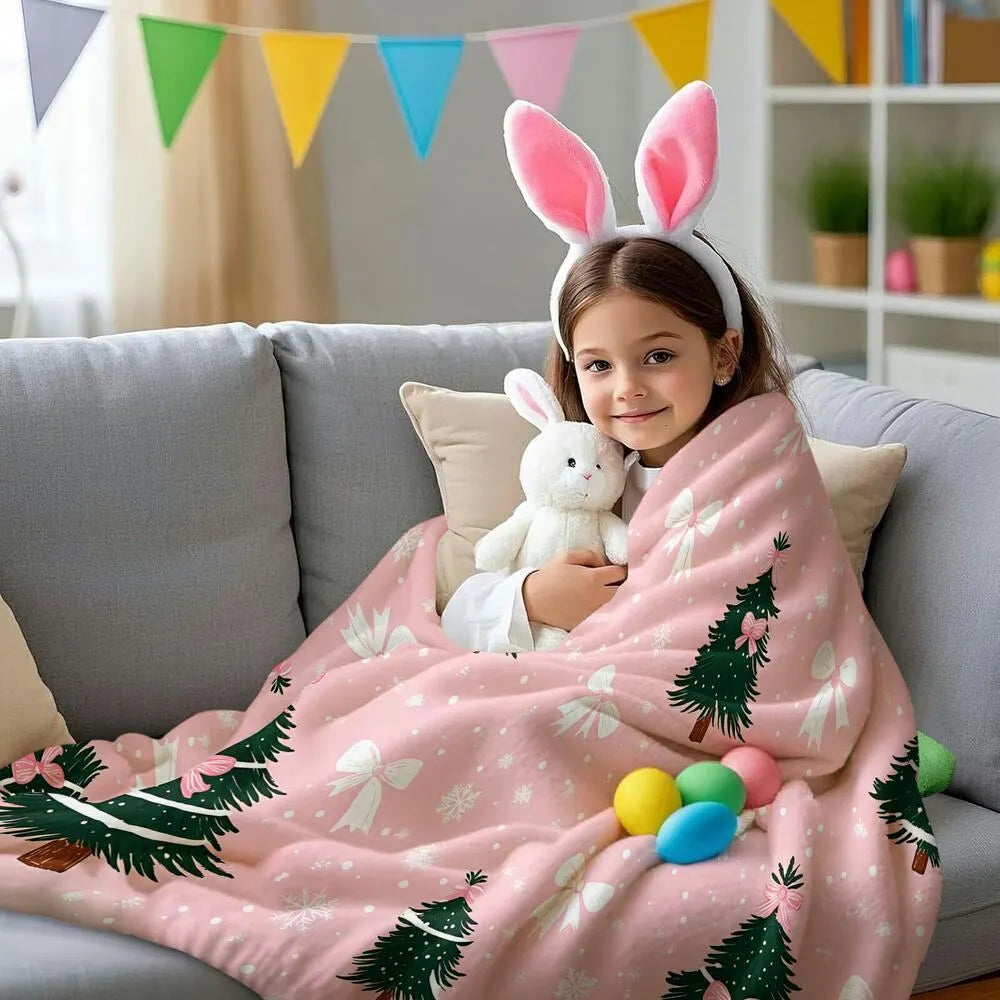 Festive Pink Christmas Trees With Bows Pattern Multipurpose Throw Blanket