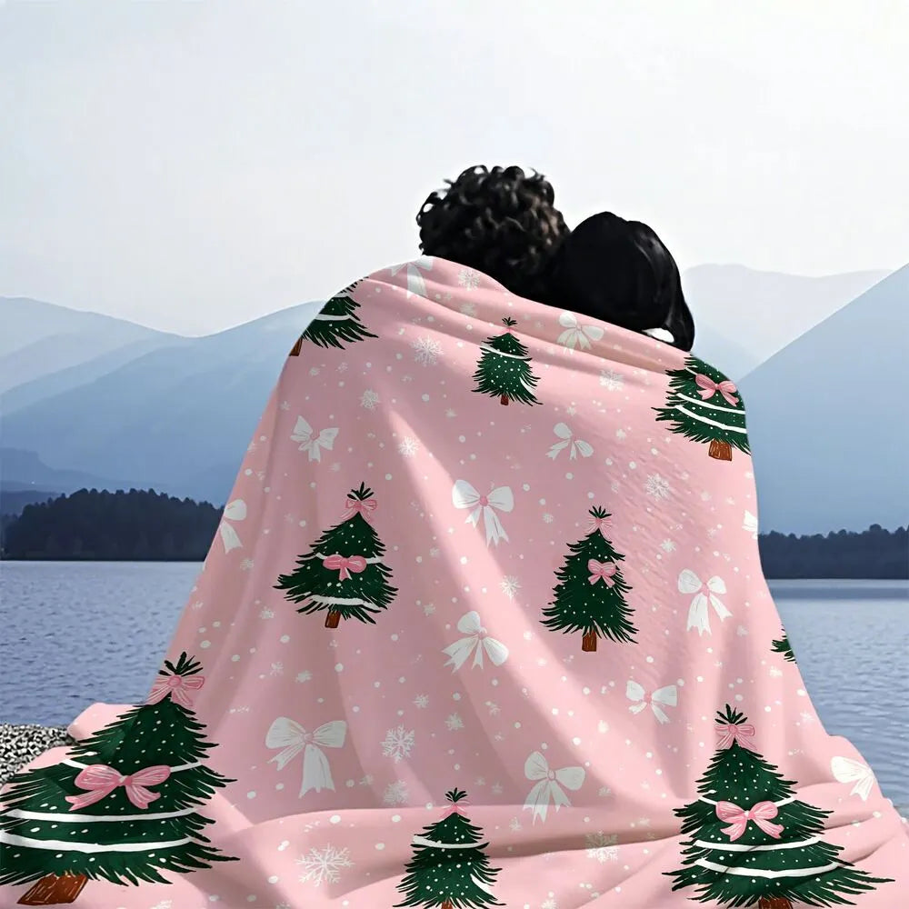 Festive Pink Christmas Trees With Bows Pattern Multipurpose Throw Blanket