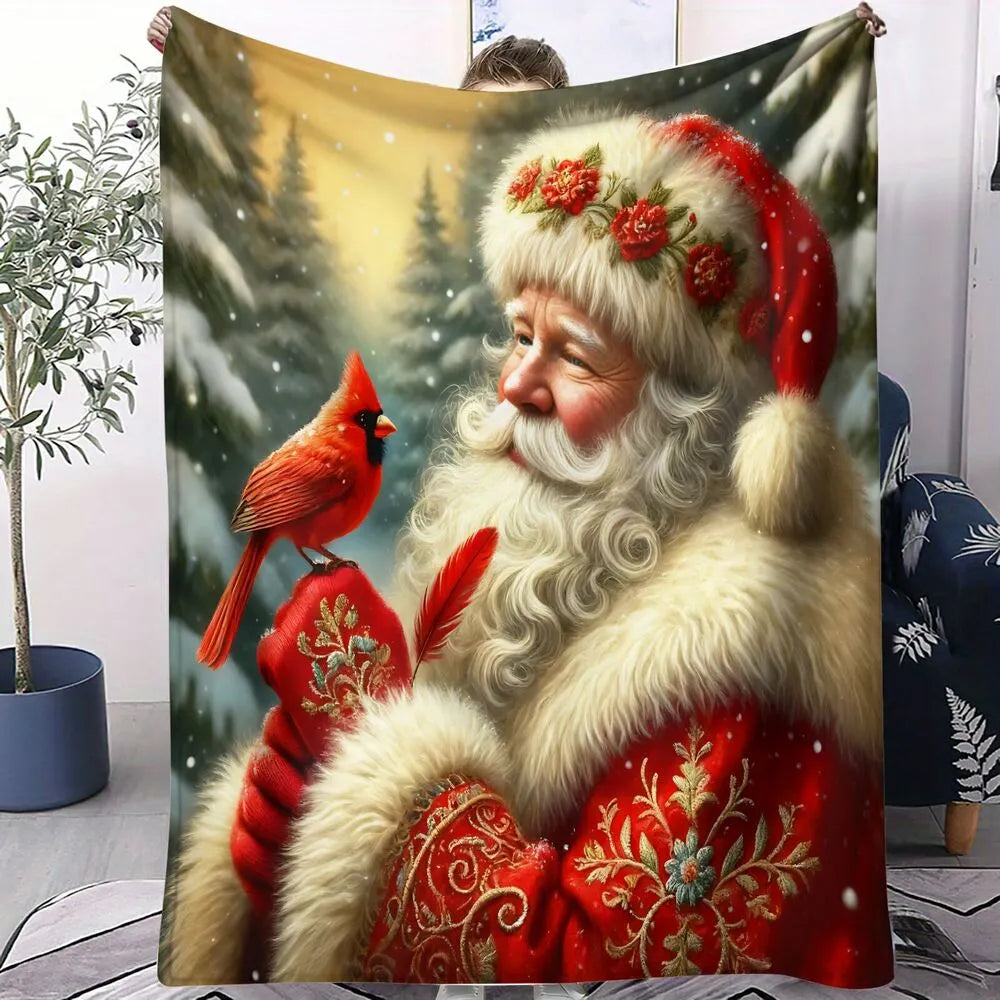 Festive Santa And Cardinal Christmas Art Pattern Multipurpose Throw Blanket