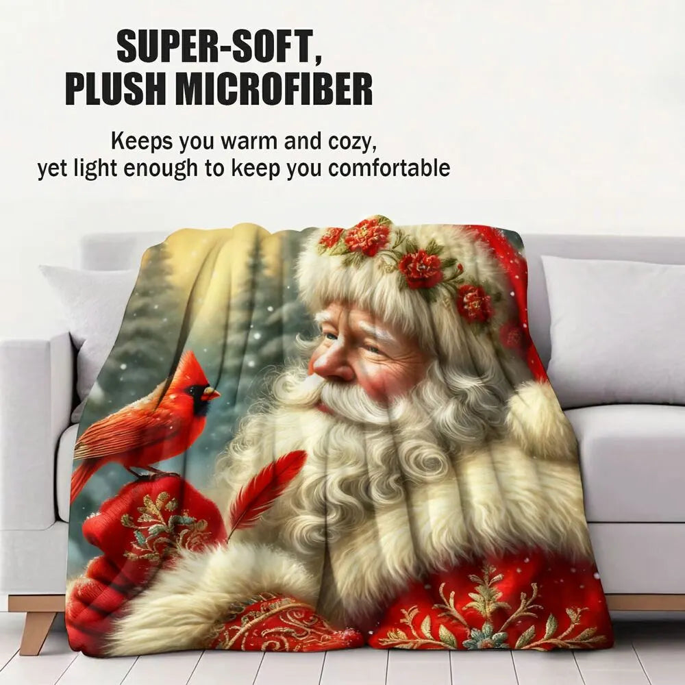 Festive Santa And Cardinal Christmas Art Pattern Multipurpose Throw Blanket
