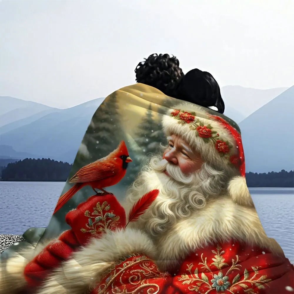 Festive Santa And Cardinal Christmas Art Pattern Multipurpose Throw Blanket