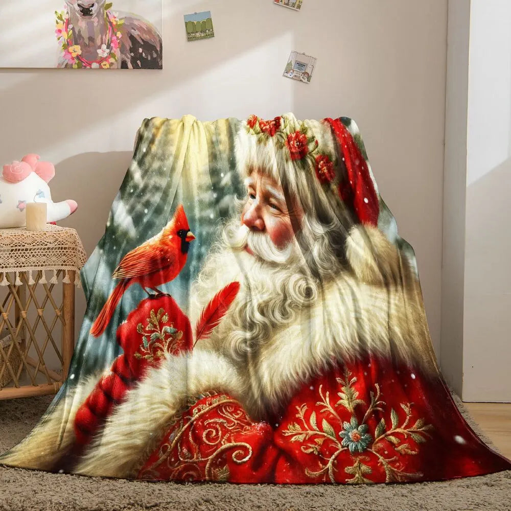 Festive Santa And Cardinal Christmas Art Pattern Multipurpose Throw Blanket