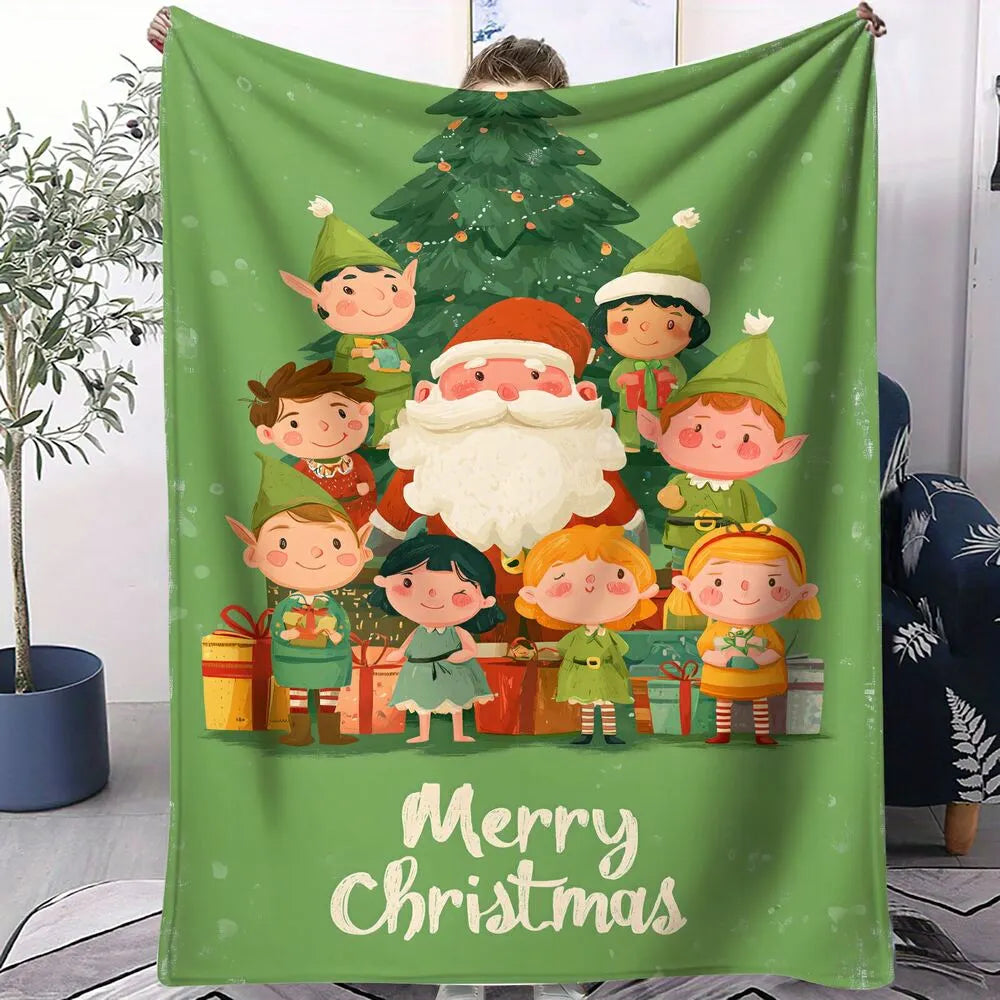 Festive Santa Elves Merry Christmas Green Pattern Multipurpose Throw Blanket