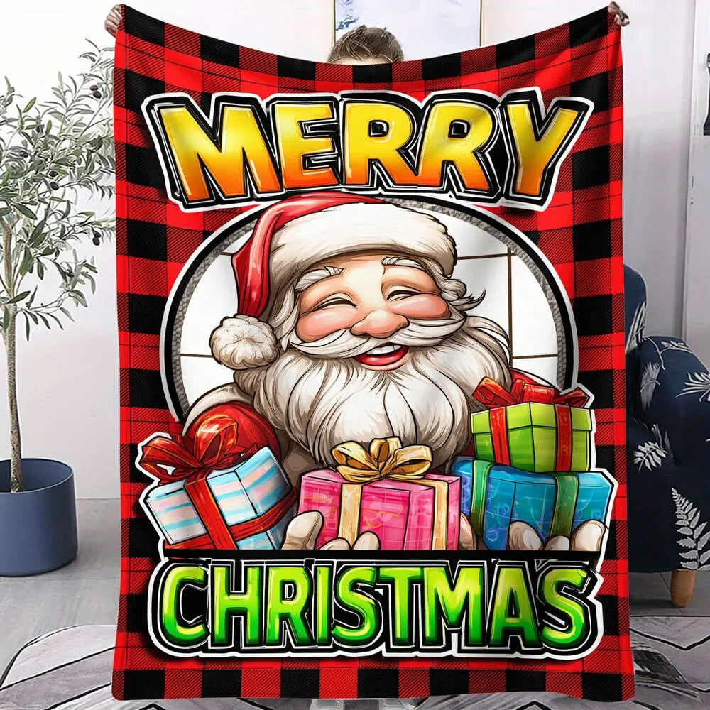 Festive Santa Plaid Merry Christmas Red Black Pattern Multipurpose Throw Blanket