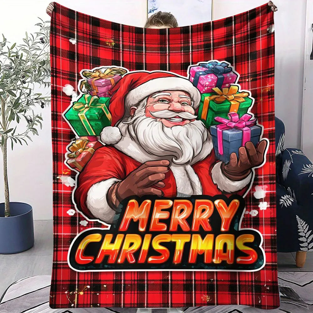 Festive Santa Plaid Merry Christmas Red Black Pattern Multipurpose Throw Blanket